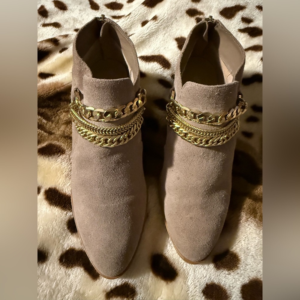 MICHAEL Michael Kors  suede Tan Ankle Boots with Gold Chains
